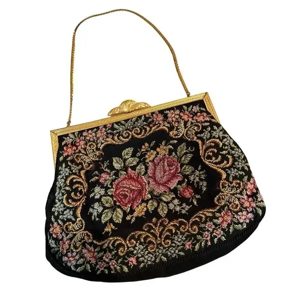 Vintage Petit Point Evening Bag β’ Ornate Clasp β’ Floral Front β’ 8.5β Wide - Picture 1 of 13